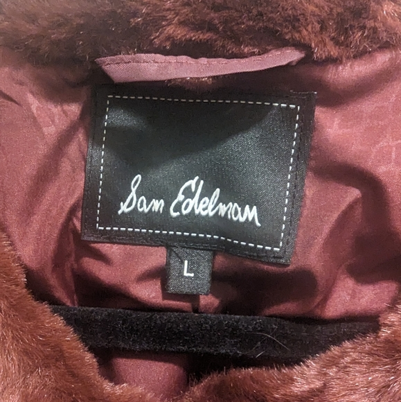 Sam Edelman Janet Faux Fur Striped Collarless Dark Red Mid Length Coat Jacket- L - Picture 9 of 13